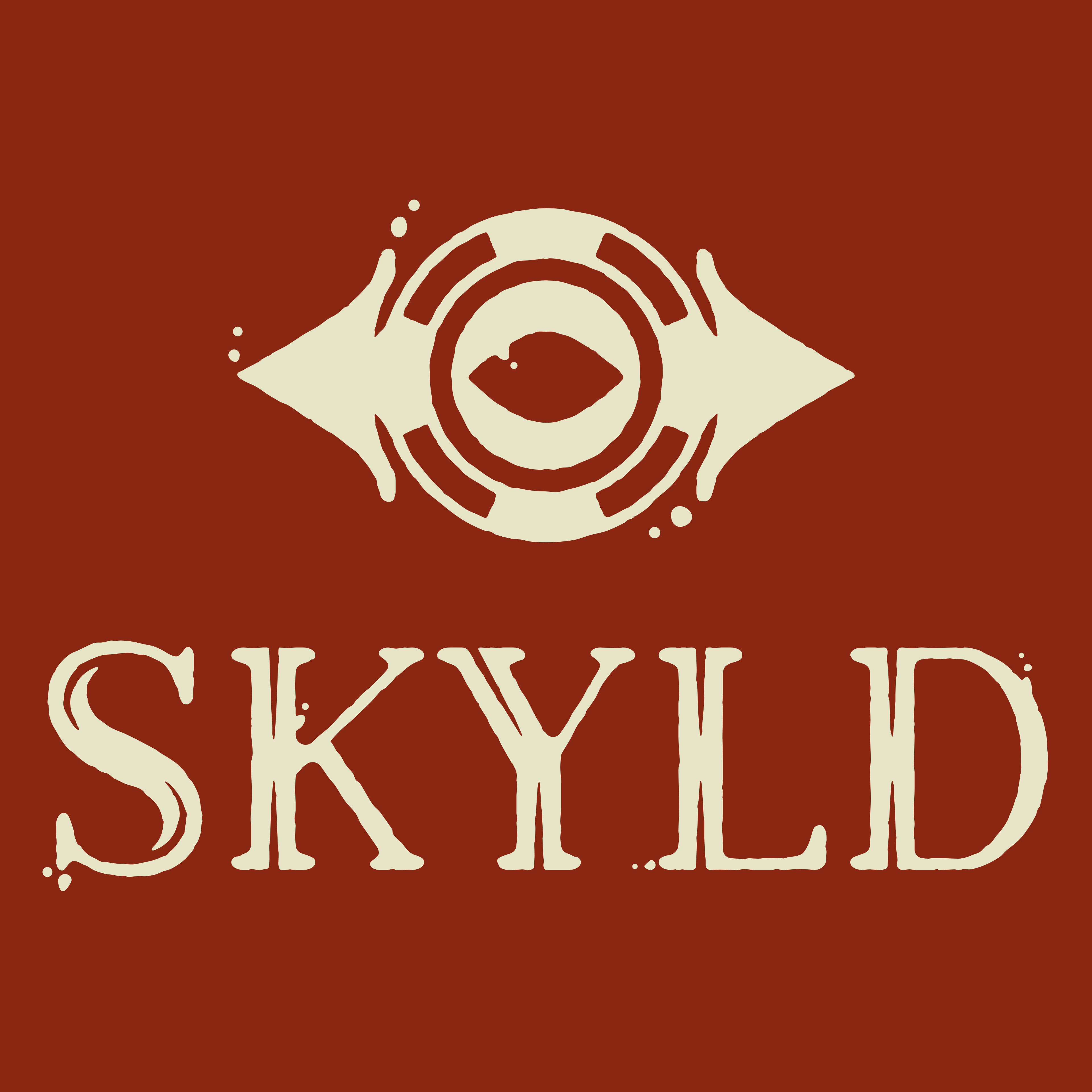 Rough logo in off-white on red. The text is in a bold rounded serif style with pointed lines down their thickest legs, it reads 'SKYLD.'

                        Above the text is a logo that depicts a poker chip with an eye in the center, and two arrows on either side.